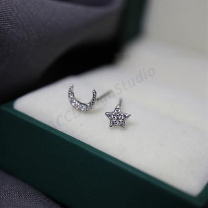Sterling Silver Moon And Star Ear Post, Moon And..