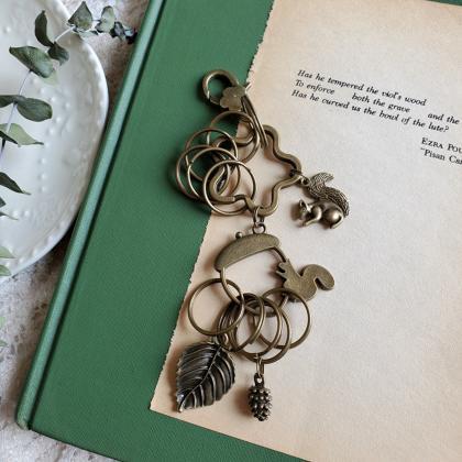 Vintage Squirrel Leaf Key Chain, Bronze Metal..