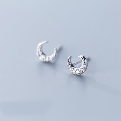 Sterling Silver Cz Pave Moon Ear Post, Moon..