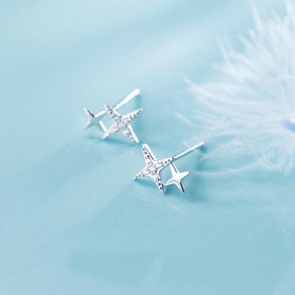 Sterling Silver Cz Pave Four-pointed Star Ear..
