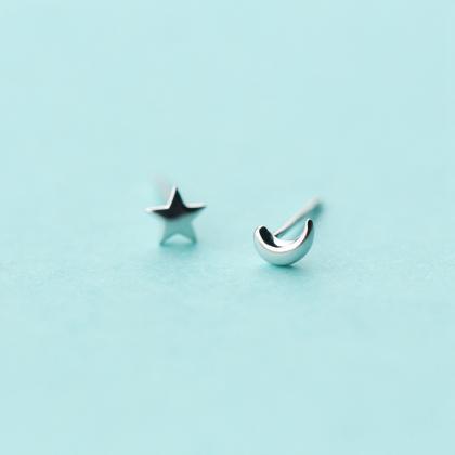 Sterling Silver Moon And Star Ear Post, Moon And..