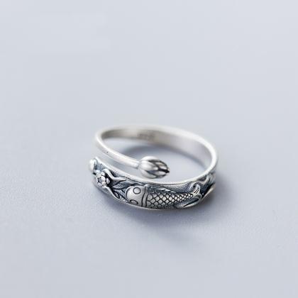 Sterling Silver Adjustable Carp Ring, Minimalist..