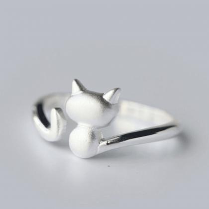 Dainty Matte Cat Ring, Sterling Silver Adjustable..