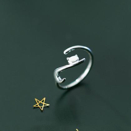 Cute Dainty Cat Ring, Sterling Silver Adjustable..