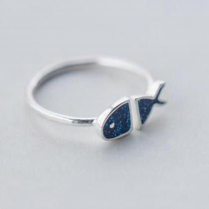 Blue Fish Ring, Sterling Silver Adjustable Fish..