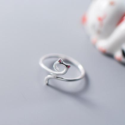 Cute Dainty Cat With Red Ear Ring, Sterling Silver..