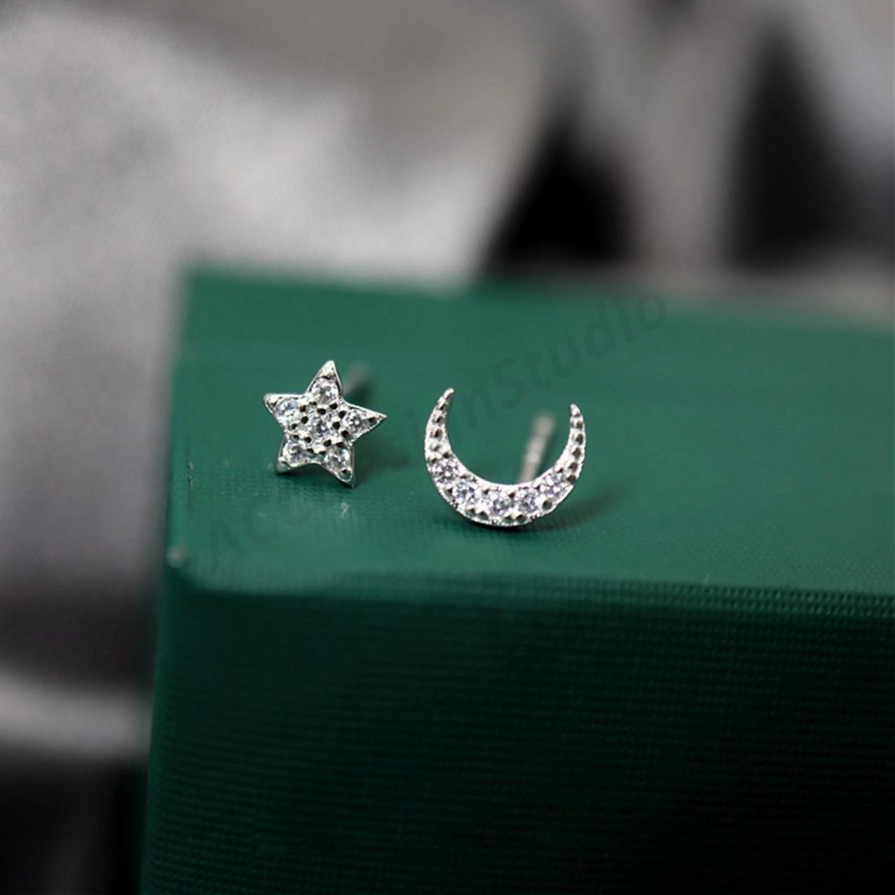 Sterling Silver Moon And Star Ear Post, Moon And Star Earrings Stud, Sky Earring Post