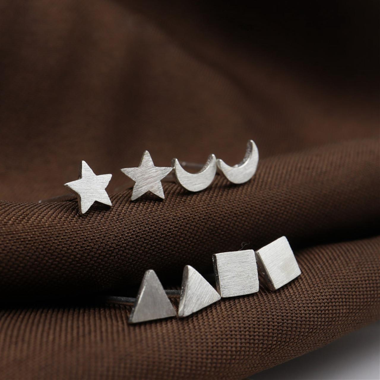 Sterling Silver Filigree Geometric Ear Post, Triangle Earrings Stud, Square Earring Post, Moon Ear Stud, Star Earrings