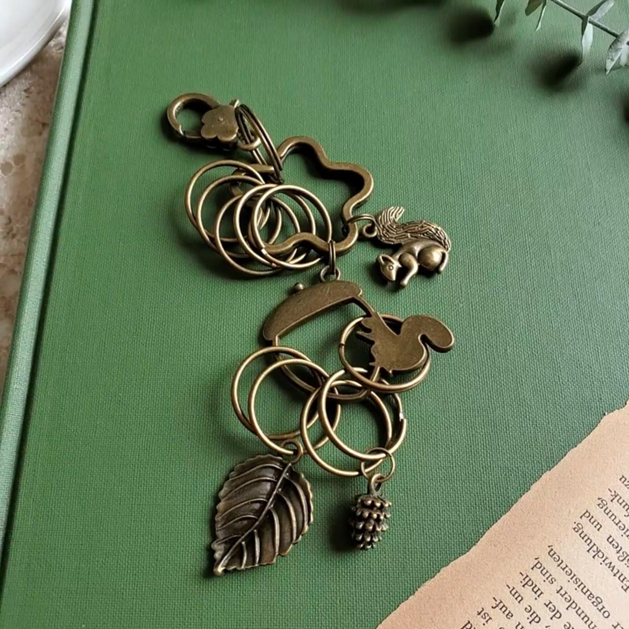 Vintage Squirrel Leaf Key Chain, Bronze Metal Keychain, Key Charm, Squirrel Leaf Charm, Animal Key Chain, Gift For Her