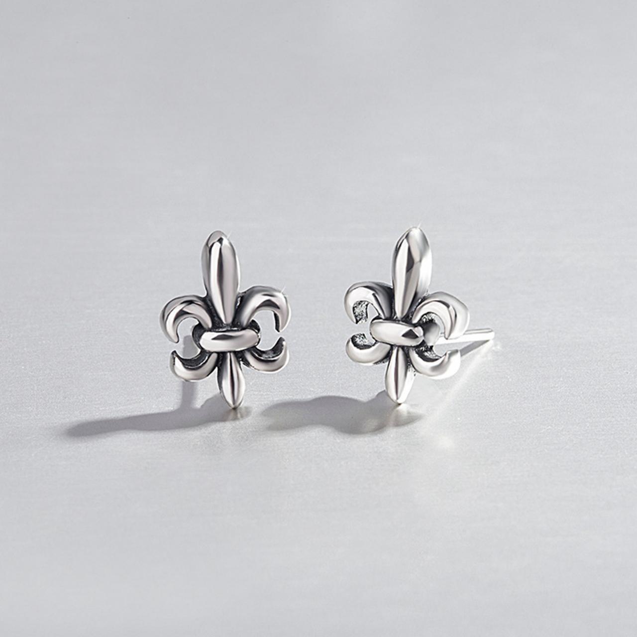 S925 Silver Flower Cross Ear Studs, Cross Post Earrings, Women Cross Earrings, Everyday Earrings, Vintage Cross Ear Post