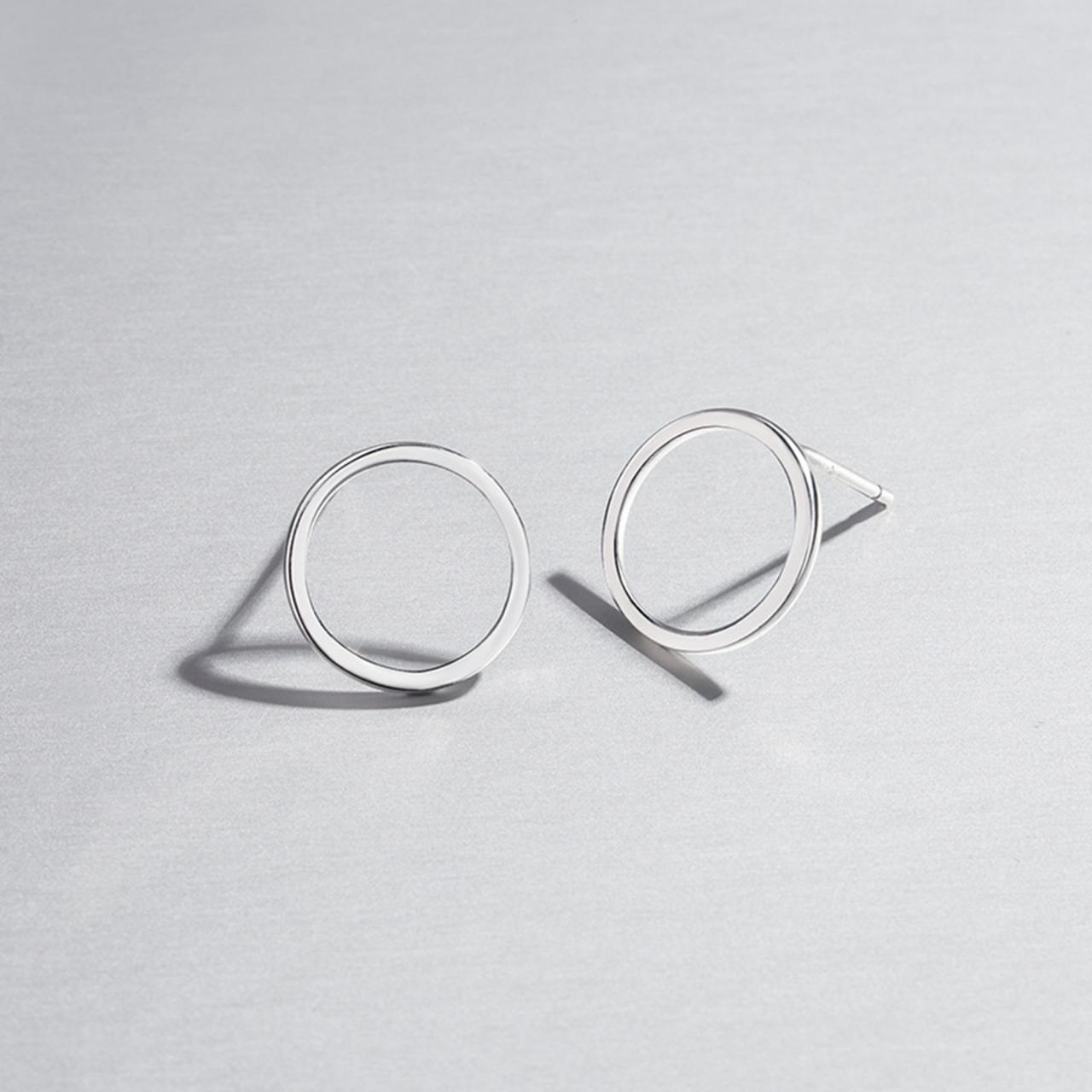 S925 Silver Round Circle Earrings, Hollow Round Ear Stud, Geometric Ear Post, Polished Ear Stud