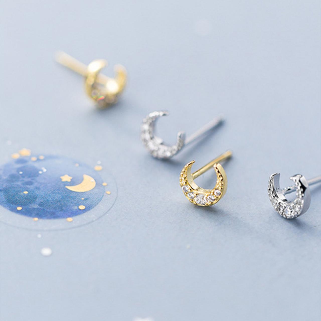 Sterling Silver Cz Pave Moon Ear Post, Moon Earrings Stud, Moon Ear Stud, Moon Earrings