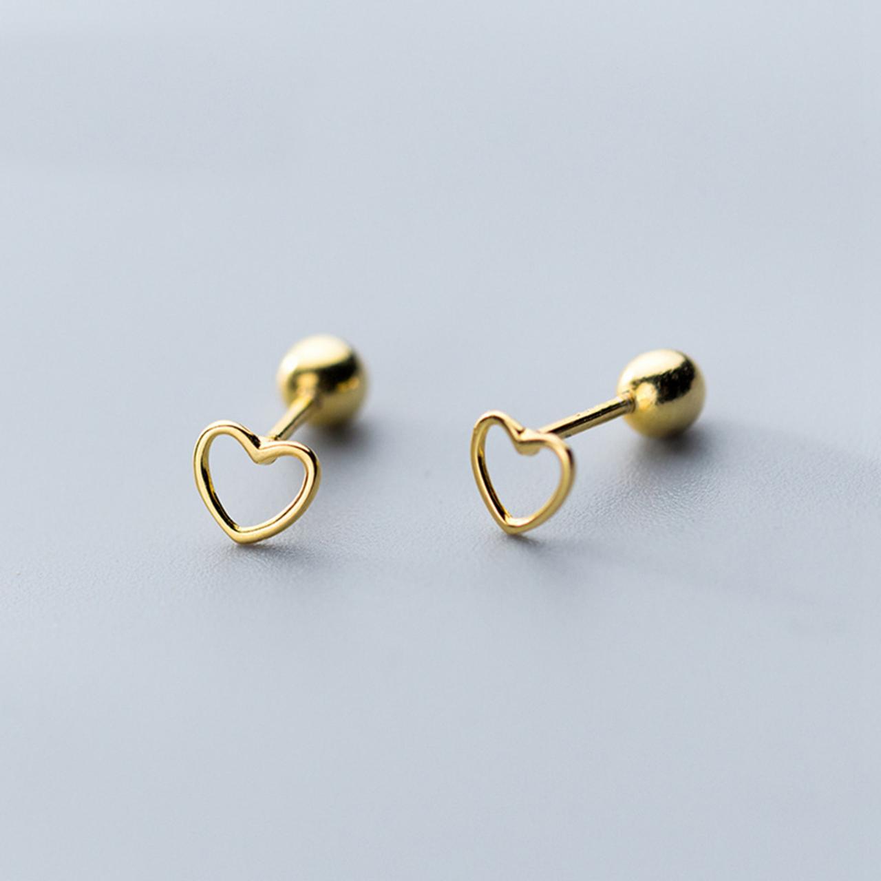 S925 Sterling Silver Hollow Heart Ear Stud With Ball End, Heart Earrings, Heart Ear Post, Heart Ear Stud