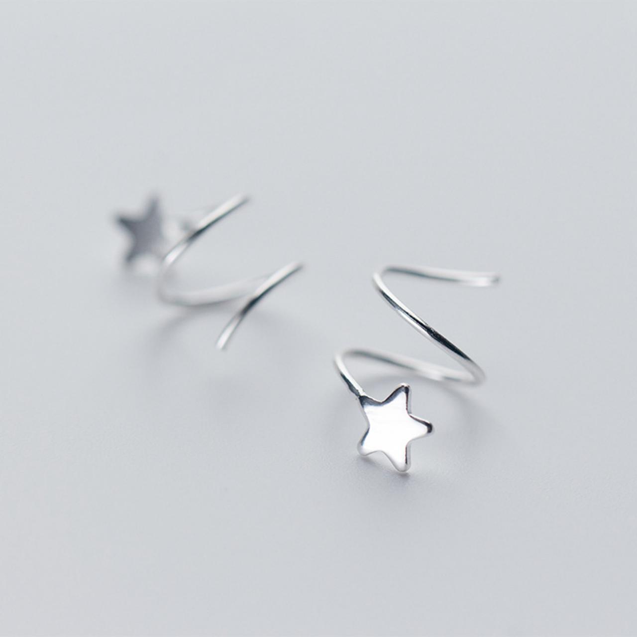 Sterling Silver Star Spiral Ear Studs, Star Spiral Post Earrings, Women Star Earrings, Everyday Earrings, Ear Post, Wave Earrings