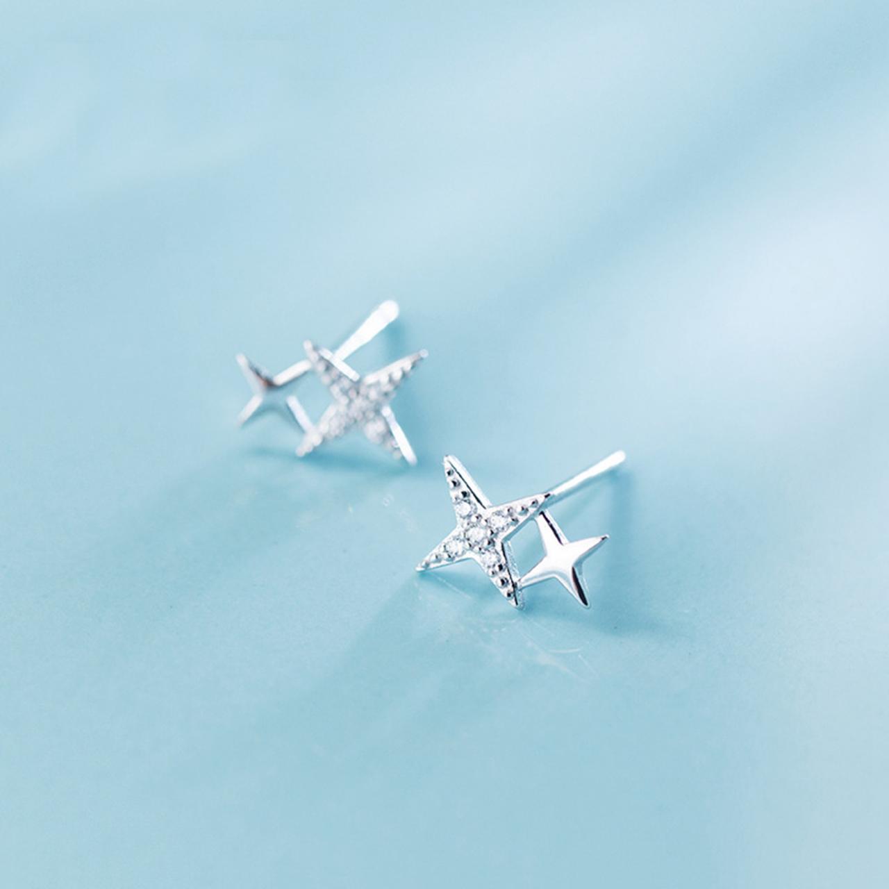 Sterling Silver Cz Pave Four-pointed Star Ear Studs, Post Earrings, Women Earrings, Everyday Earrings, Ear Post, Star Earrings
