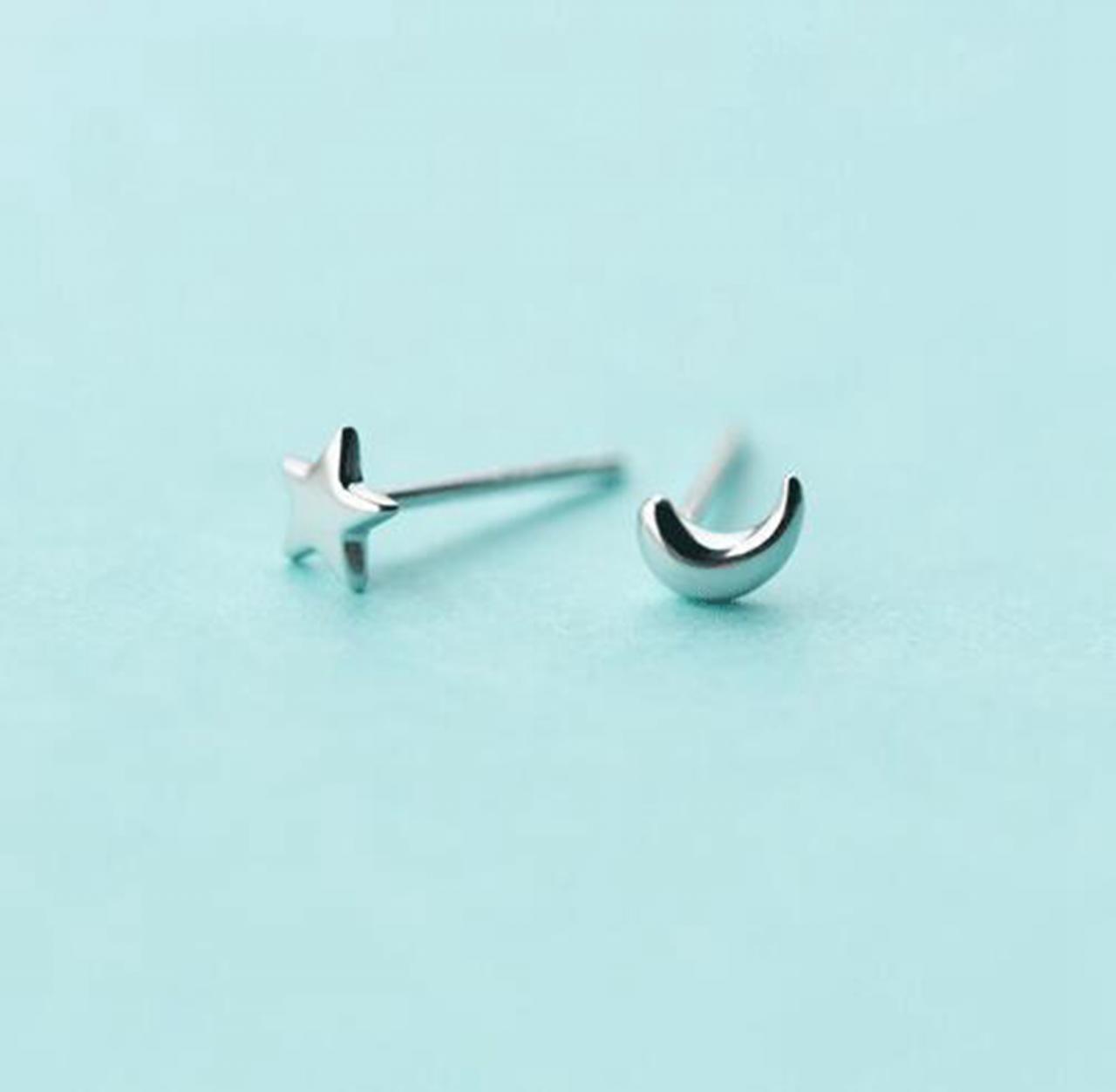Sterling Silver Moon And Star Ear Post, Moon And Star Earrings Stud, Sky Earring Post, Glossy Ear Post