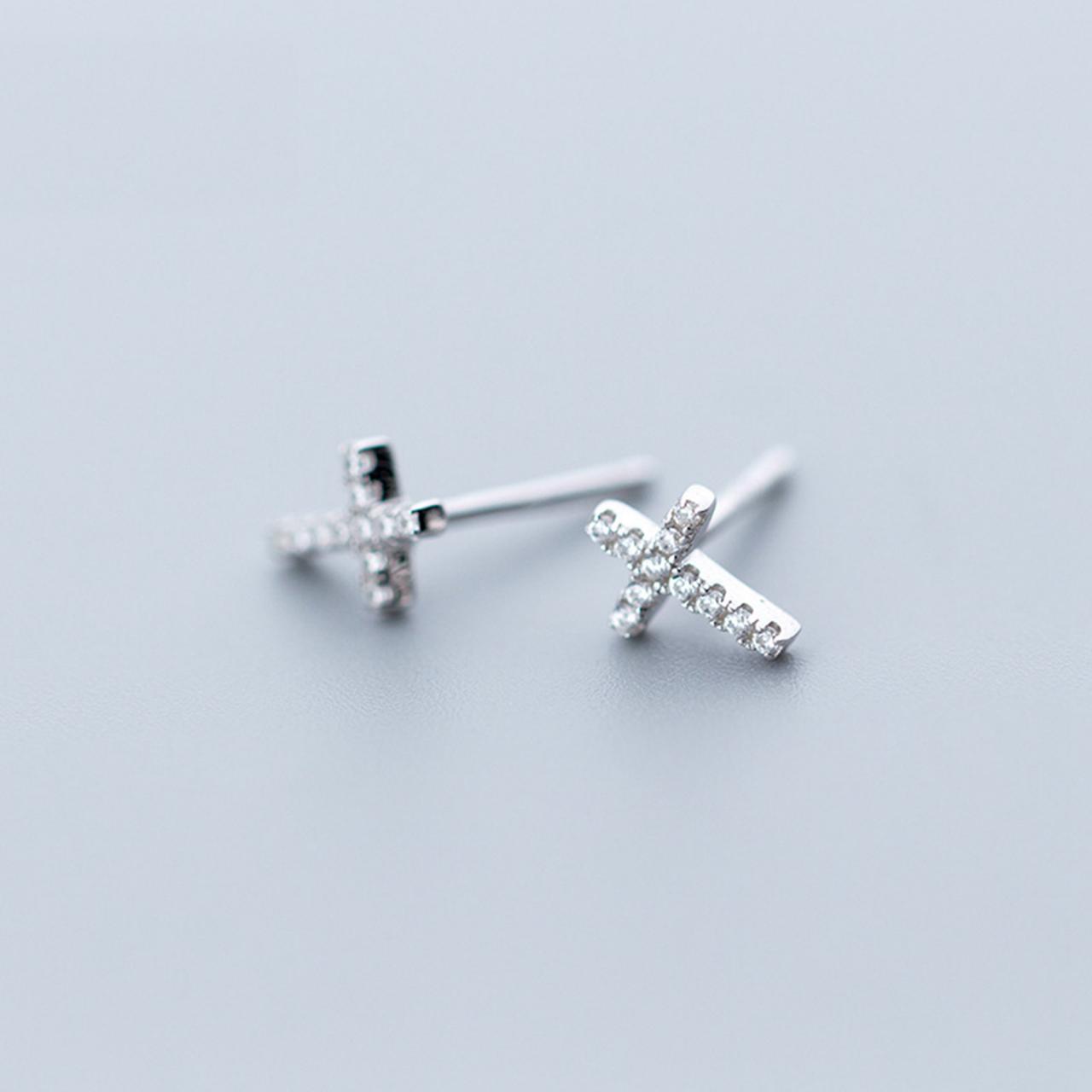 S925 Sterling Silver Cz Pave Cross Ear Studs, Cross Post Earrings, Women Earrings, Everyday Earrings, Ear Post, Cross Earrings