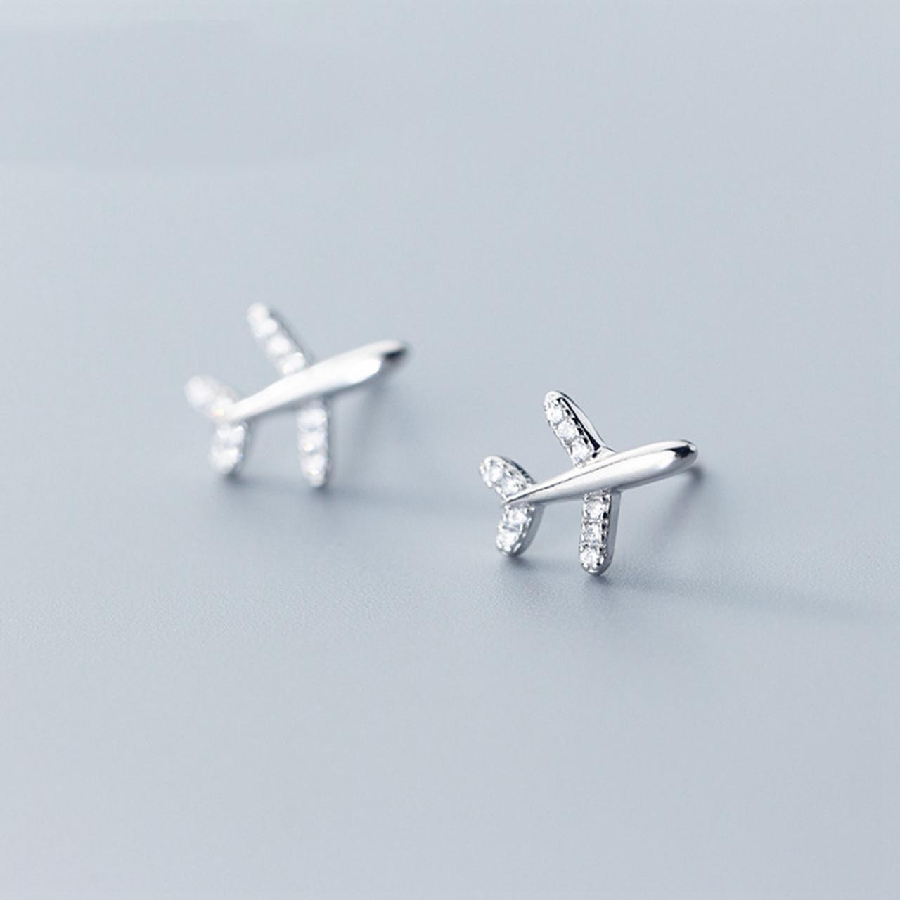 Sterling Silver Airplane Ear Stud, Silver Aircraft Ear Post, Travel Earrings, Sky Post Earrings