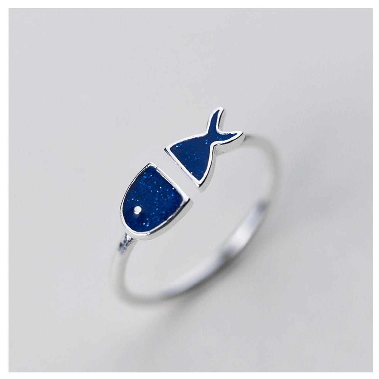 Blue Fish Ring, Sterling Silver Adjustable Fish Ring, Minimalist Rings, Dainty Ring, Women Fish Ring, Everyday Jewelry