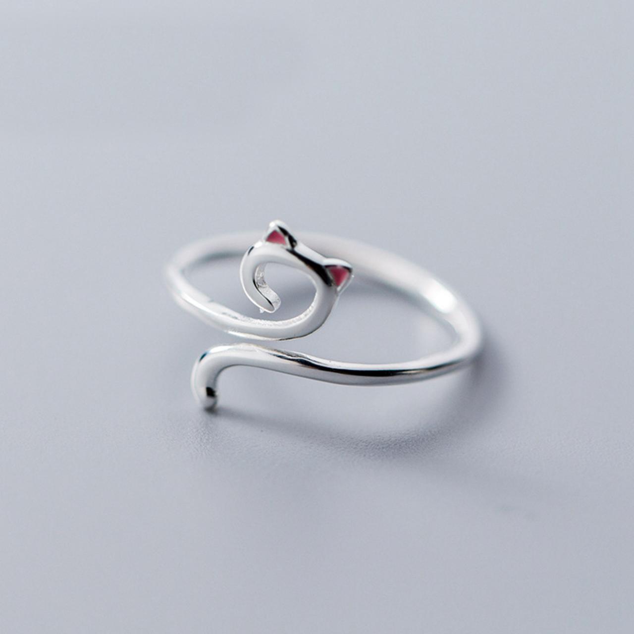Cute Dainty Cat With Red Ear Ring, Sterling Silver Adjustable Cat Ring, Minimalist Rings, Women Ring, Everyday Jewelry
