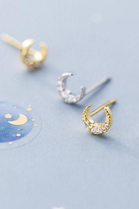Sterling silver cz pave moon ear post, moon earrings stud, moon ear stud, moon earrings