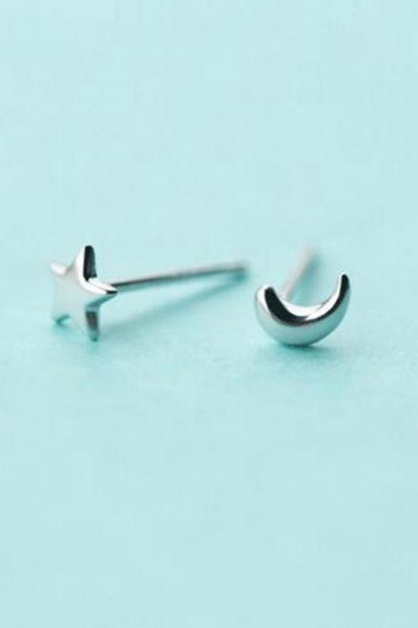 Sterling silver moon and star ear post, moon and star earrings stud, sky earring post, glossy ear post