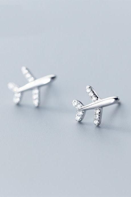 Sterling Silver Airplane Ear Stud, Silver Aircraft Ear Post, Travel Earrings, Sky Post Earrings